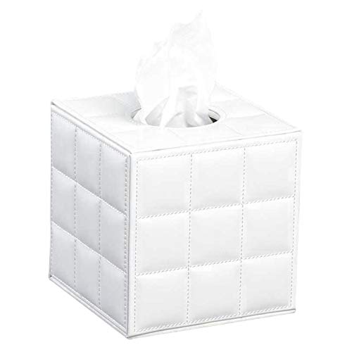 Caja de pañuelos de piel, dispensador de pañuelos de papel cuadrado con tapa inferior, organizador de cosméticos de gran capacidad, para casa, hotel, oficina, cuarto de baño, coche, color blanco