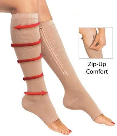 Calcetines de compresión con cremallera de la rodilla soporta medias pierna abierta dedo del pie 23-32mmHg cremallera - S/M