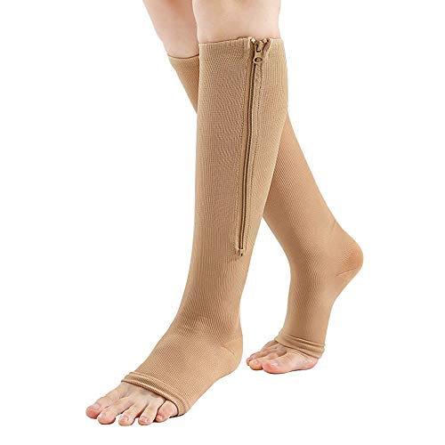 Calcetines de compresión con cremallera de la rodilla soporta medias pierna abierta dedo del pie 23-32mmHg cremallera - S/M