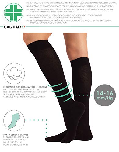 CALCETINES MEDICOS DE ALGODÓN | MEDIAS HASTA LA RODILLA A COMPRESIÓN GRADUADA MEDIA | 14-16mm/Hg | CALCETERÍA ITALIANA | (XXL, NEGRO)