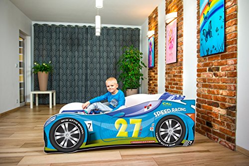 Cama infantil coche de carreras + somier (barandas) + colchón de espuma con cubierta (140 x 70 cm (3-5 años), blue 27)