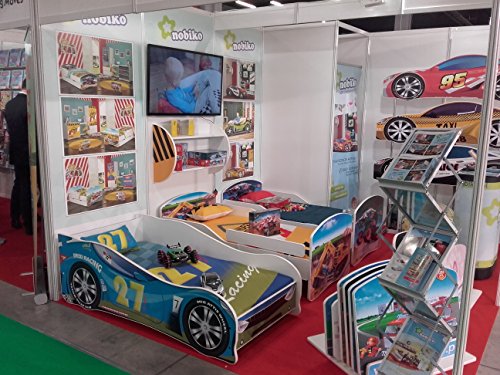 Cama infantil coche de carreras + somier (barandas) + colchón de espuma con cubierta (140 x 70 cm (3-5 años), blue 27)