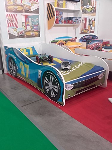 Cama infantil coche de carreras + somier (barandas) + colchón de espuma con cubierta (140 x 70 cm (3-5 años), blue 27)