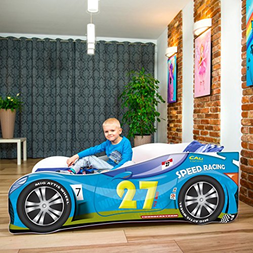 Cama infantil coche de carreras + somier (barandas) + colchón de espuma con cubierta (140 x 70 cm (3-5 años), blue 27)
