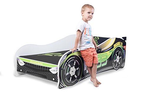 Cama infantil coche de carreras + somier (barandas) + colchón de espuma con cubierta (160 x 80 cm (3-8 años), green-black 33)