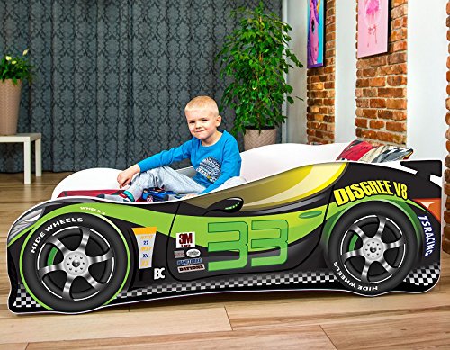 Cama infantil coche de carreras + somier (barandas) + colchón de espuma con cubierta (160 x 80 cm (3-8 años), green-black 33)