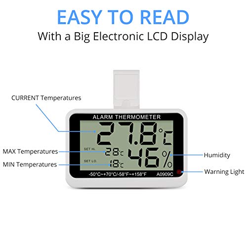 CAMWAY Termómetro Digital para Frigorífico 2PCS Termómetro para Nevera Impermeable para Frigorífico Congelador con Soporte, Pantalla LCD, Termómetro para Habitación con Función de Alarma