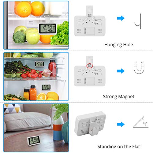 CAMWAY Termómetro Digital para Frigorífico 2PCS Termómetro para Nevera Impermeable para Frigorífico Congelador con Soporte, Pantalla LCD, Termómetro para Habitación con Función de Alarma