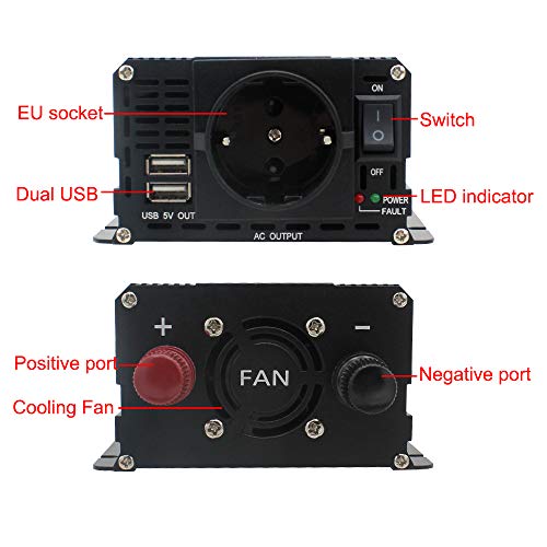 Cantonape 750W Inversor de Corriente Portatil DC 12V a AC 220V 230V con Pantalla LCD Monitor, 2USB, EU sockets para Coche, Caravana, Barco, cámpin, Pico 1500W
