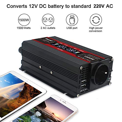 Cantonape 750W Inversor de Corriente Portatil DC 12V a AC 220V 230V con Pantalla LCD Monitor, 2USB, EU sockets para Coche, Caravana, Barco, cámpin, Pico 1500W