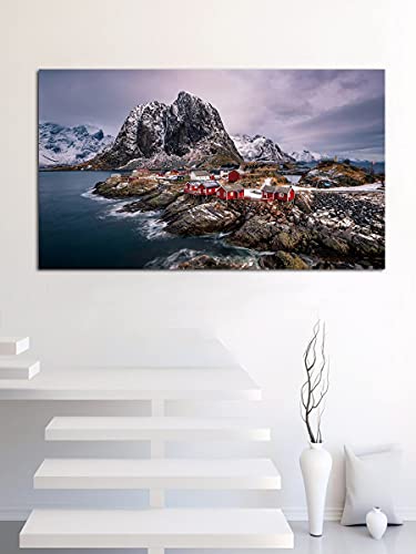 Casa roja costa montañas islas Lofoten Noruega paisaje imagen hogar arte sala de estar decoración 60x120cm sin marco