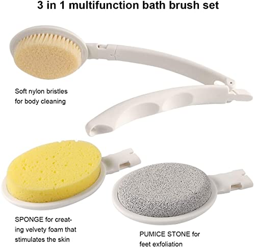 Cepillo de Baño, 3 en 1 Depurador de Cuerpo Plegable Cepillo de Cuerpo de Mango Largo con Cerdas Ultra Suaves Esponja Cabeza de Piedra Pómez