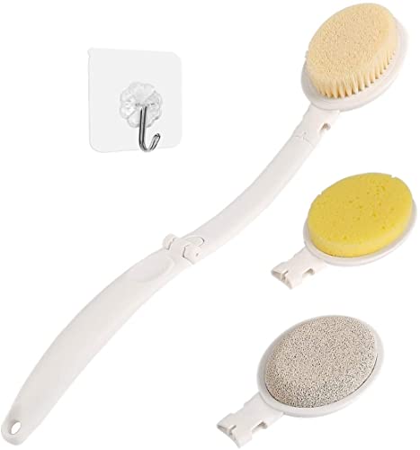 Cepillo de Baño, 3 en 1 Depurador de Cuerpo Plegable Cepillo de Cuerpo de Mango Largo con Cerdas Ultra Suaves Esponja Cabeza de Piedra Pómez