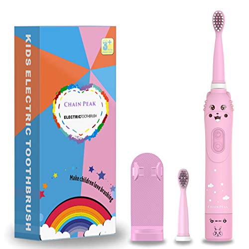 Cepillo de dientes recargable para niños, cepillo de dientes sónico para niños, niñas de 3 a 12 años, recordatorio de 30 segundos, temporizador de 2 minutos, 6 modos, 2 cabezales de cepillo (Rosado)
