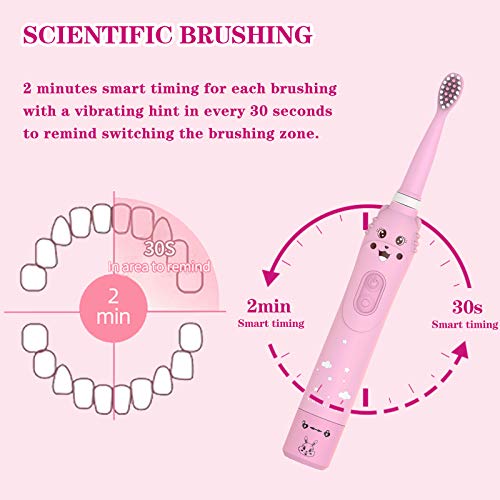 Cepillo de dientes recargable para niños, cepillo de dientes sónico para niños, niñas de 3 a 12 años, recordatorio de 30 segundos, temporizador de 2 minutos, 6 modos, 2 cabezales de cepillo (Rosado)