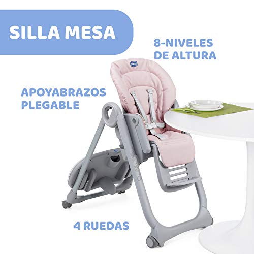 Chicco Polly Magic Relax Trona y Hamaca Evolutiva Bebés Apta de 0 Meses a 3 Años (15 kg), Trona Compacta Totalmente Reclinable y Ajustable con 4 Ruedas, Barra de Juegos y Cojín Reductor - Rosa (Pink)