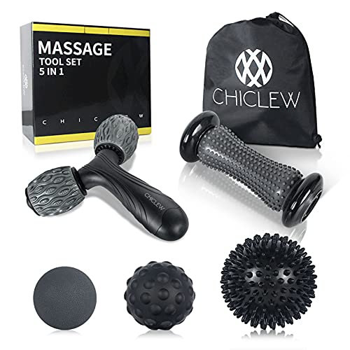 CHICLEW Bola Masaje Set de 5 - Rodillo Masaje Pies, Foam Roller Masaje de Y, y 3 Diferentes Tipo Pelota Masaje, Masajeador para Liberación Miofascial, Alivio de Tejido Profundo y Muscular