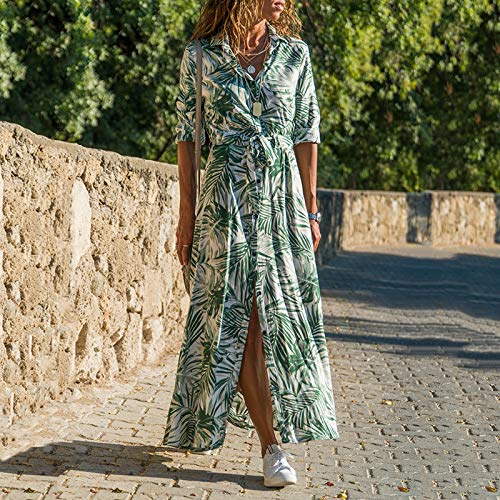 chuangminghangqi. Vestidos de mujer elegantes de manga larga de gasa, camisa con impresión maxi vestido casual con botones en la parte delantera Verde S