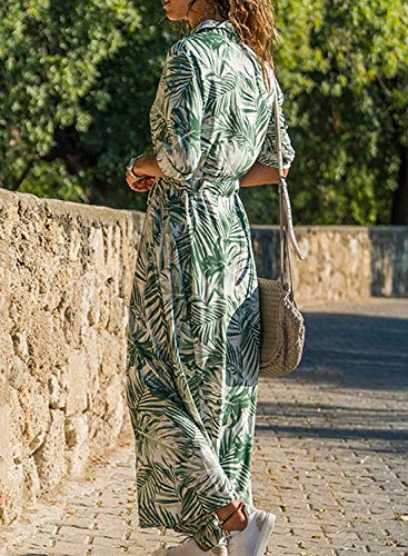 chuangminghangqi. Vestidos de mujer elegantes de manga larga de gasa, camisa con impresión maxi vestido casual con botones en la parte delantera Verde S