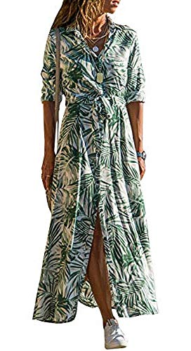 chuangminghangqi. Vestidos de mujer elegantes de manga larga de gasa, camisa con impresión maxi vestido casual con botones en la parte delantera Verde S