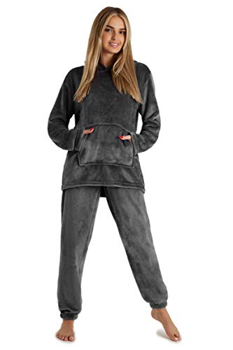 CityComfort Pijamas Mujer, Pijama Mujer Invierno de Forro Polar, Conjunto con Camiseta y Pantalon Largo, Regalos para Mujer, Talla S-XL (M, Carbón Brillante)