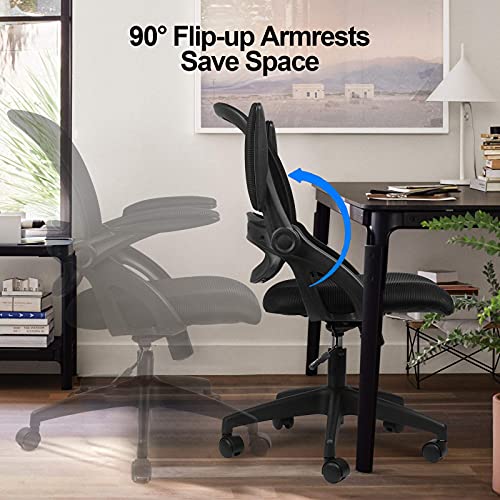 COMHOMA Silla Escritorio de Malla, Silla Oficina para el Ordenador, con Reposabrazos Plegable Flexible (Negro)