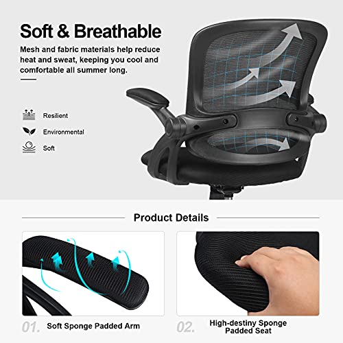 COMHOMA Silla Escritorio de Malla, Silla Oficina para el Ordenador, con Reposabrazos Plegable Flexible (Negro)