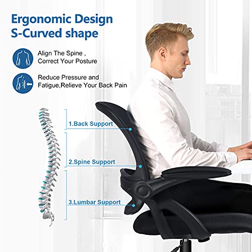 COMHOMA Silla Escritorio de Malla, Silla Oficina para el Ordenador, con Reposabrazos Plegable Flexible (Negro)
