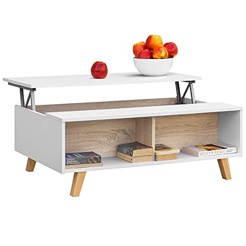 COMIFORT Mesa Centro Elevable - Mesa Salón Multifuncional con Gran Almacenaje, Moderna, Muy Resistente, Color Blanco y Roble, Patas de Haya 100% Natural