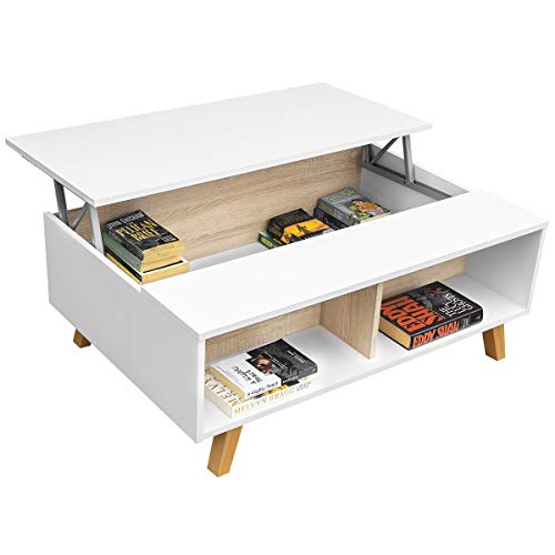 COMIFORT Mesa Centro Elevable - Mesa Salón Multifuncional con Gran Almacenaje, Moderna, Muy Resistente, Color Blanco y Roble, Patas de Haya 100% Natural