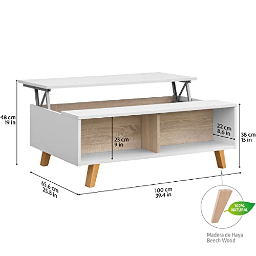 COMIFORT Mesa Centro Elevable - Mesa Salón Multifuncional con Gran Almacenaje, Moderna, Muy Resistente, Color Blanco y Roble, Patas de Haya 100% Natural