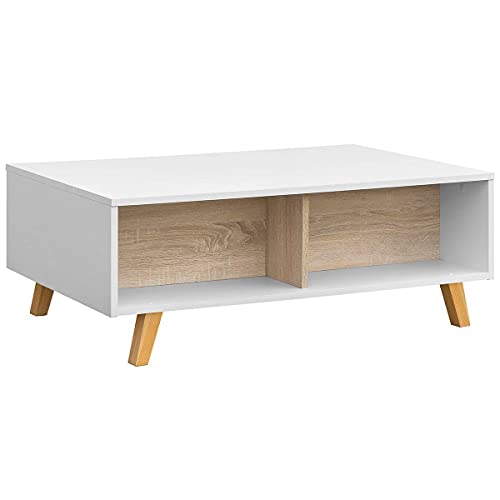 COMIFORT Mesa Centro Elevable - Mesa Salón Multifuncional con Gran Almacenaje, Moderna, Muy Resistente, Color Blanco y Roble, Patas de Haya 100% Natural