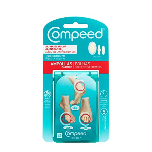 COMPEED Ampollas Surtido, 5 Apósitos Hidrocoloides - Tratamiento de Pies, Un paquete contiene 2 x Medianas (6,8 x 4,2 cm), 2 x Pequeñas (6,0 x 2,0 cm), 1 x Entre dedos (5,1 x 1,7 cm)