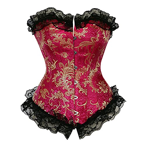 Corset Corsé Mujer Corsé De Jacquard Dorado con Cordones Deshuesado Navidad Palacio Sexy Elegante Novia Floral Bustier De Boda Cintura-803Red_3XL