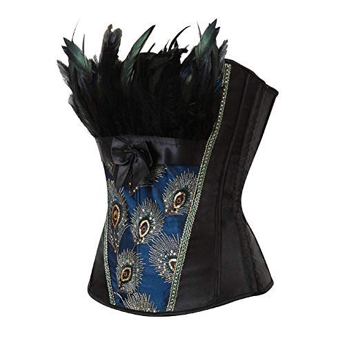 Corset Corsé Mujer Pavo Real Bordado Princesa Burlesque Overbust Corset Ropa De Plumas Góticas Body Shaper Bustier-2871Blue_3XL