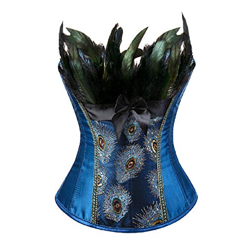 Corset Corsé Mujer Pavo Real Bordado Princesa Burlesque Overbust Corset Ropa De Plumas Góticas Body Shaper Bustier-2871Blue_3XL