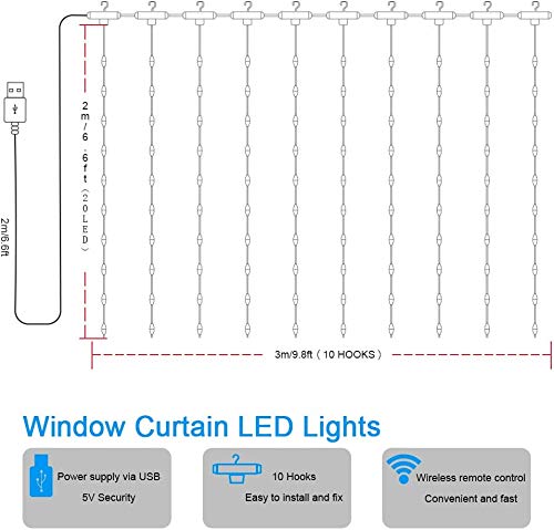 Cortina de luces LED, 3m x 2m Luces de Cadena de Cortina, 200 LED 8 Modos con Mando a Distancia, Cortina Luces USB para Dormitorio, Interior y Exterior, Fiesta, Boda, Navidad, Cumpleaños, Jardín