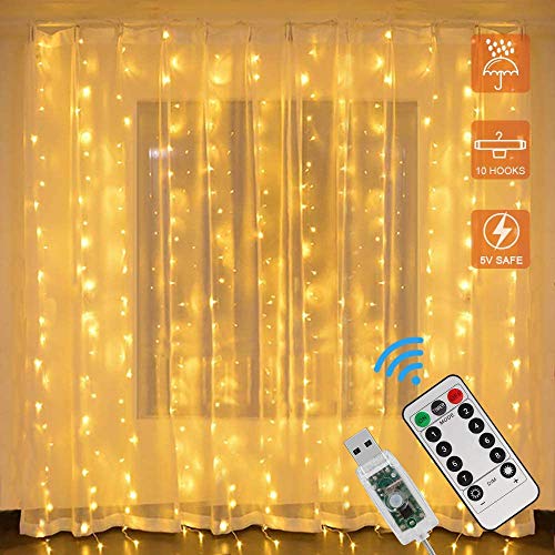 Cortina de luces LED, 3m x 2m Luces de Cadena de Cortina, 200 LED 8 Modos con Mando a Distancia, Cortina Luces USB para Dormitorio, Interior y Exterior, Fiesta, Boda, Navidad, Cumpleaños, Jardín