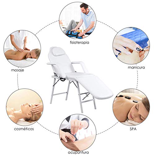 COSTWAY Camilla de Masaje Silla Cama de Belleza Tumbona de Tratamiento Relajación Ajustable Plegable Blanco