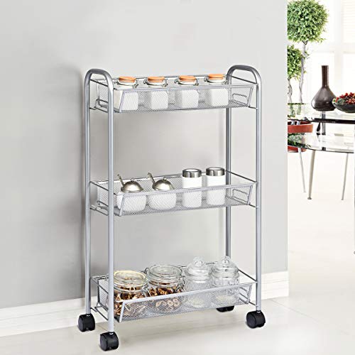 COSTWAY Carrito de Cocina de 3 Niveles de Metal Carro de Servicio con Ruedas Carrito Auxiliar Multiuso para Baño Restaurante (Gris)