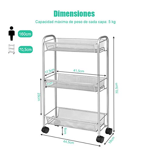 COSTWAY Carrito de Cocina de 3 Niveles de Metal Carro de Servicio con Ruedas Carrito Auxiliar Multiuso para Baño Restaurante (Gris)
