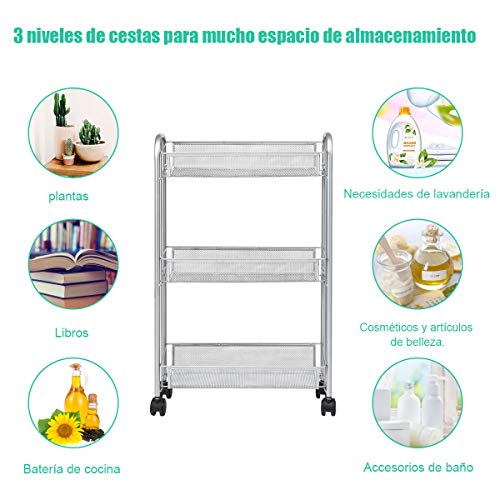COSTWAY Carrito de Cocina de 3 Niveles de Metal Carro de Servicio con Ruedas Carrito Auxiliar Multiuso para Baño Restaurante (Gris)