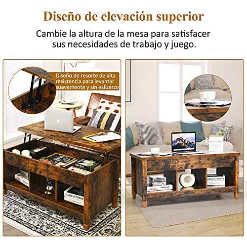 COSTWAY Mesa Baja de Madera con Superficie Elevable, Mesita de Sofá con Almacenamiento Escondido, 3 Repisas Abiertas y Patas Sólidas, Mueble Multifuncional para Salón y Oficina (Natural)