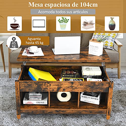 COSTWAY Mesa Baja de Madera con Superficie Elevable, Mesita de Sofá con Almacenamiento Escondido, 3 Repisas Abiertas y Patas Sólidas, Mueble Multifuncional para Salón y Oficina (Natural)