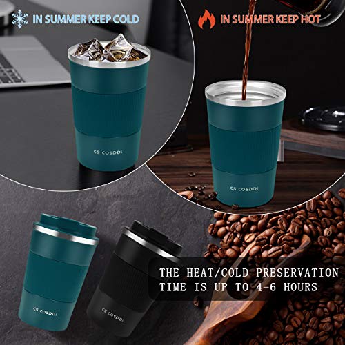 CS COSDDI Tazas de viaje aisladas con tapa a prueba de fugas, tazas de café reutilizables, taza de café para coche, taza térmica de acero inoxidable para agua caliente y fría y té de 380 ml (azul-A)