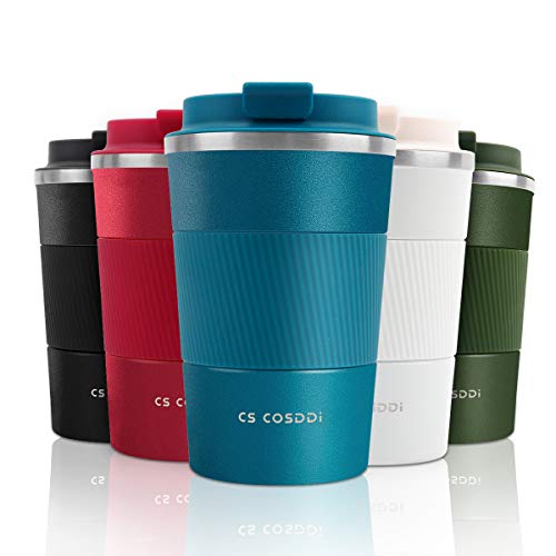 CS COSDDI Tazas de viaje aisladas con tapa a prueba de fugas, tazas de café reutilizables, taza de café para coche, taza térmica de acero inoxidable para agua caliente y fría y té de 380 ml (azul-A)