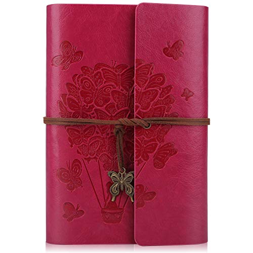 Cuaderno de piel sintética, con encuadernación en espiral, recargable, papel con renglones, con colgantes clásicos en relieve, cuaderno de viaje,tamaño A6, 18,5 x 13 cm, color frambuesa