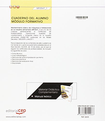 Cuaderno del alumno. Mantenimiento básico de máquinas e instalaciones en la industria alimentaria (MF0547_1). Certificados de profesionalidad. ... en la industria alimentaria (INAQ0108)