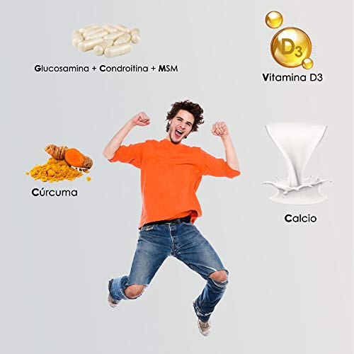 Cúrcuma Pura con Colágeno Hidrolizado, Ácido Hialurónico, Condroitina, Glucosamina, Calcio y Vit D3 | Elimina dolores e inflamaciones en articulaciones y músculos | Protege y repara tejidos | 90 Caps