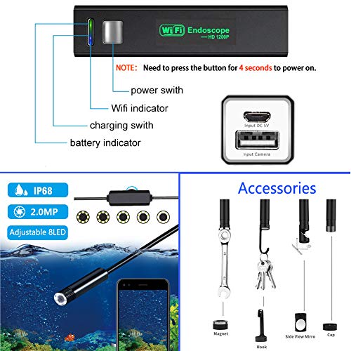 DDENDOCAM Cámara de inspección Endoscopio Wireless WiFi Boroscopio USB 1200P HD Snake Camera para Android/iOS iPhone/Windows/Mac/Tablet/PC (2M)